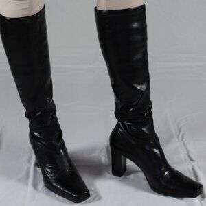 Franco Sarto Black Leather Knee High Chunk Heel Boots